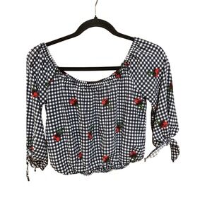KAII Los Angeles Gingham Rose Embroidered Off Shoulder Crop Top Navy White Small